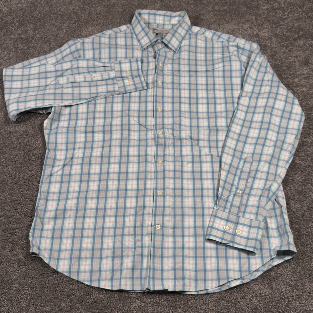 PETER MILLAR BUTTON SHIRT Men's -XL- WHITE BLUE Plaid POLY -SUMMER COMFORT GOLF - Picture 2 of 7